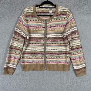 Villager Sweater Womens Large Fair Isle Knit Cardigan Crewneck Cotton Blend